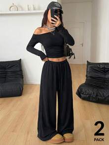 Coolane Women's Daily Wear Essentials Knit Stretchy Comfy Asymmetrical Neck Long Sleeve Tops And Wide Leg Sweatpants Tracksuit Two Pieces Outfits 2 Pc Women Outfits Casual 2 Piece Set Pants Set Two Piece 2 Piece Outfit Woman 2 Piece Outfits - Black - View 6