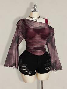 SHEIN ICON Áo nữ cỡ lớn họa tiết nhuộm tie-dye cổ lệch vai 2 trong 1 - Màu đỏ tím - Xem 7