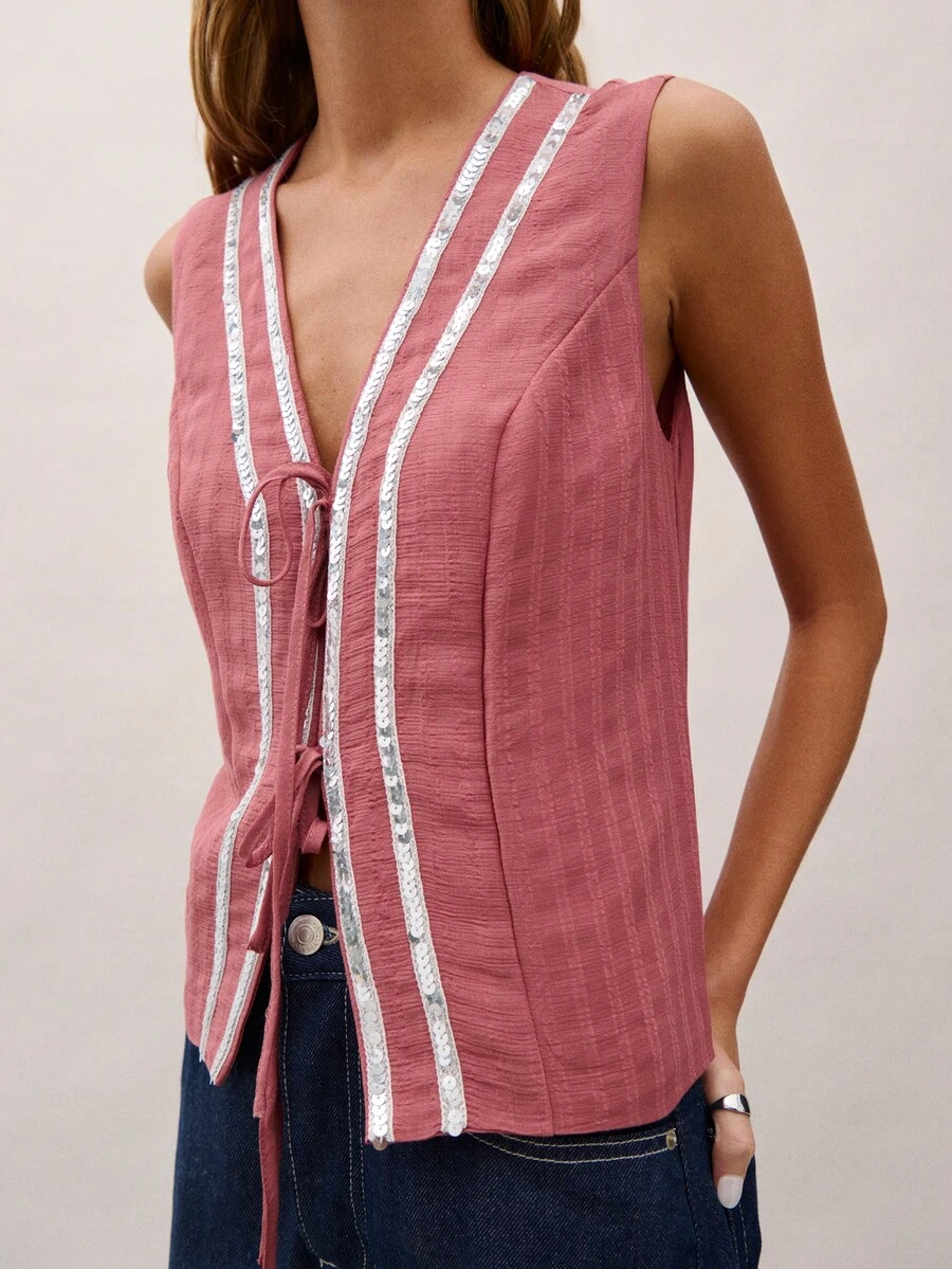 Nöista Women's V-Neck Sequined Tie-Front Casual Versatile Everyday Top - Coral Pink - View 1