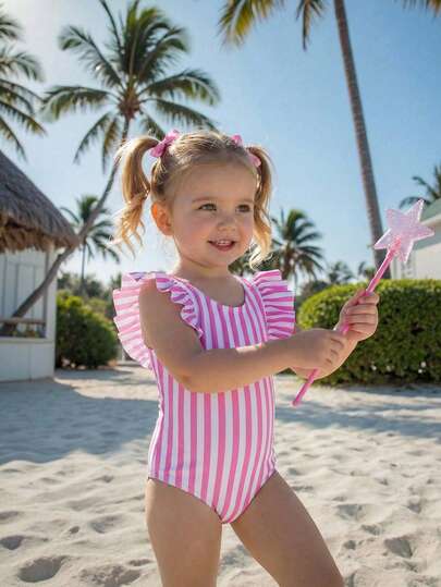 SHEIN Beachwear Baby (Girl) Swimsuit Cute Multi-Color Simple Striped Printed Knitted Fabric One-Piece Swimsuit Fashionable Casual Exquisite Gorgeous Lady Suitable For Swimming Suitable For Summer Vacation Beach Beach Swimming Pool Summer Party Leisure Vacation Girls One Piece Summer Outfit Baby Ruffle Swim Babygirl Quick Ship Swim Suit
