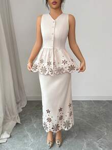 Modelyn Bộ đồ 2 món thanh lịch dành cho nữ: áo hai dây và chân váy thêu khoét lỗ, thích hợp cho mùa hè. - Màu be - Xem 5