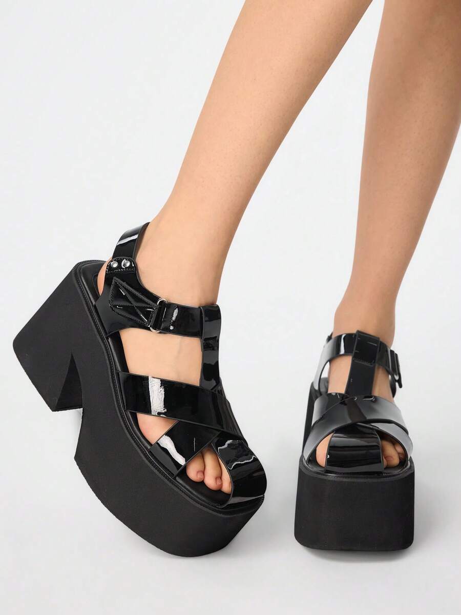 ROMWE Goth Women's Black Criss-Cross Hook And Loop Wedge Platform Sandals - Black - View 1