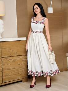 Modelyn New Design Square Neck Cinched Cinched Waist Floral Print Romantic Vacation Sleeveless Dress,Summer Dresses For Women - Multicolor - View 5