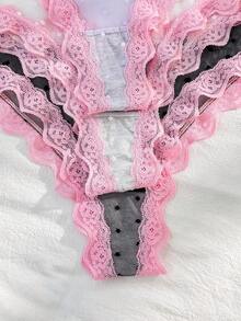 PetitDoll 3件套可爱性感粉色蕾丝边波点网纱女士内衣套装 - 彩色 - 查看 4