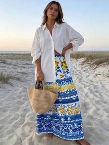 Balvessa Blue Printed Layered Ruffle Skirt For Women, Vacation - Blue - View 4