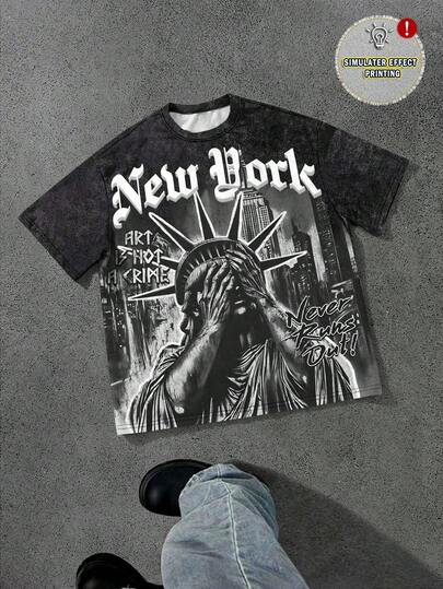 Manfinity EMRG 男士休闲纽约印花短袖T恤，夏季