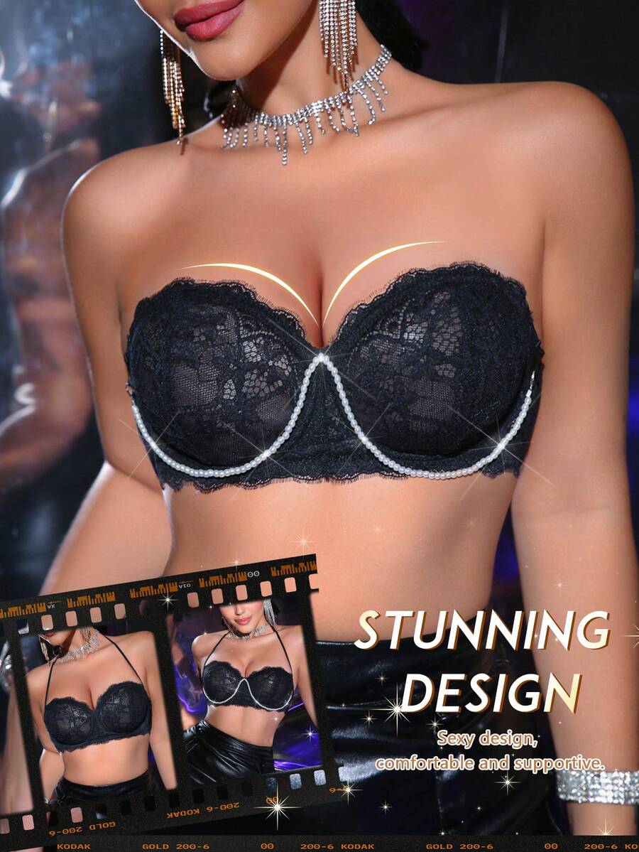 MidnightGlam 1 pieza Ropa interior de mujer, Sujetador de encaje negro con aro, Taza sexy y delgada - Negro - Ver 1