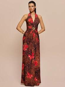 Olia Maree Women's Summer Seductive Dinner Date Brown Checkered Floral Leopard Print Halter Neck Maxi Dress, Deep V-Neck Backless Ruched Formal Wrap Dresses - Multicolor - View 3