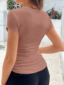 SHEIN Maternity Solid V-Neck Ruched Casual Round Neck Short Sleeve T-Shirt, Summer - Dusty Pink - View 2