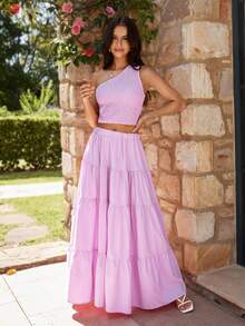 KARISMINA 女士优雅浪漫简约纯色两件套，适合春夏日常及度假穿着 - 淡紫色 - 查看 1