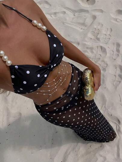 Swim Vcay 性感泳装三件套，春夏假日随机印花咖啡色不对称珍珠装饰抹胸比基尼上衣、下装和褶皱前裙，性感女士泳衣套装