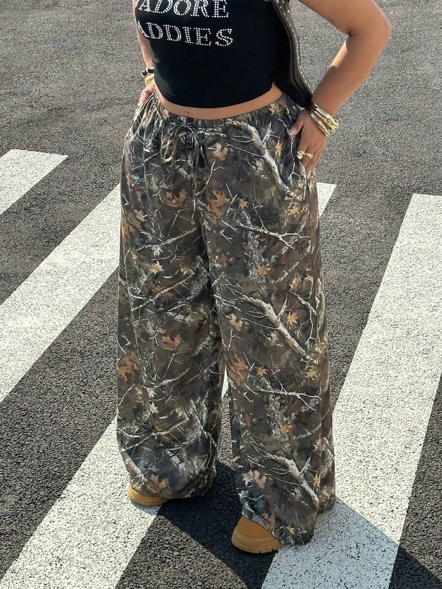 Muchica 大码女式树枝图案系带腰部阔腿宽松裤 - 彩色 - 查看 1