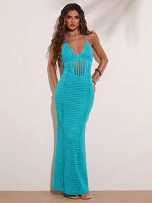 SHEIN BAE Casual Vacation Romantic Elegant Spaghetti Strap Lace-Up Hollow Out Women Sweater Dress - Blue - View 4