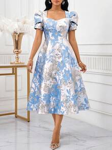 SHEIN Lady 女士花卉提花甜心领花瓣袖优雅连衣裙 - 彩色 - 查看 5