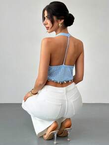 Firerie Women's Hollow-Out Pearl Tassel Knit Halter Top, Spring/Summer - Blue - View 5