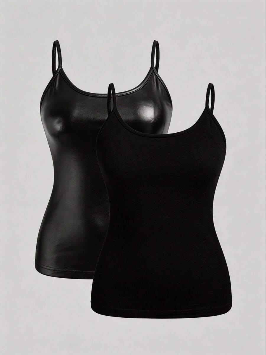 SHEIN EZwear 大码女式纯色休闲百搭吊带背心 - 黑色 - 查看 1