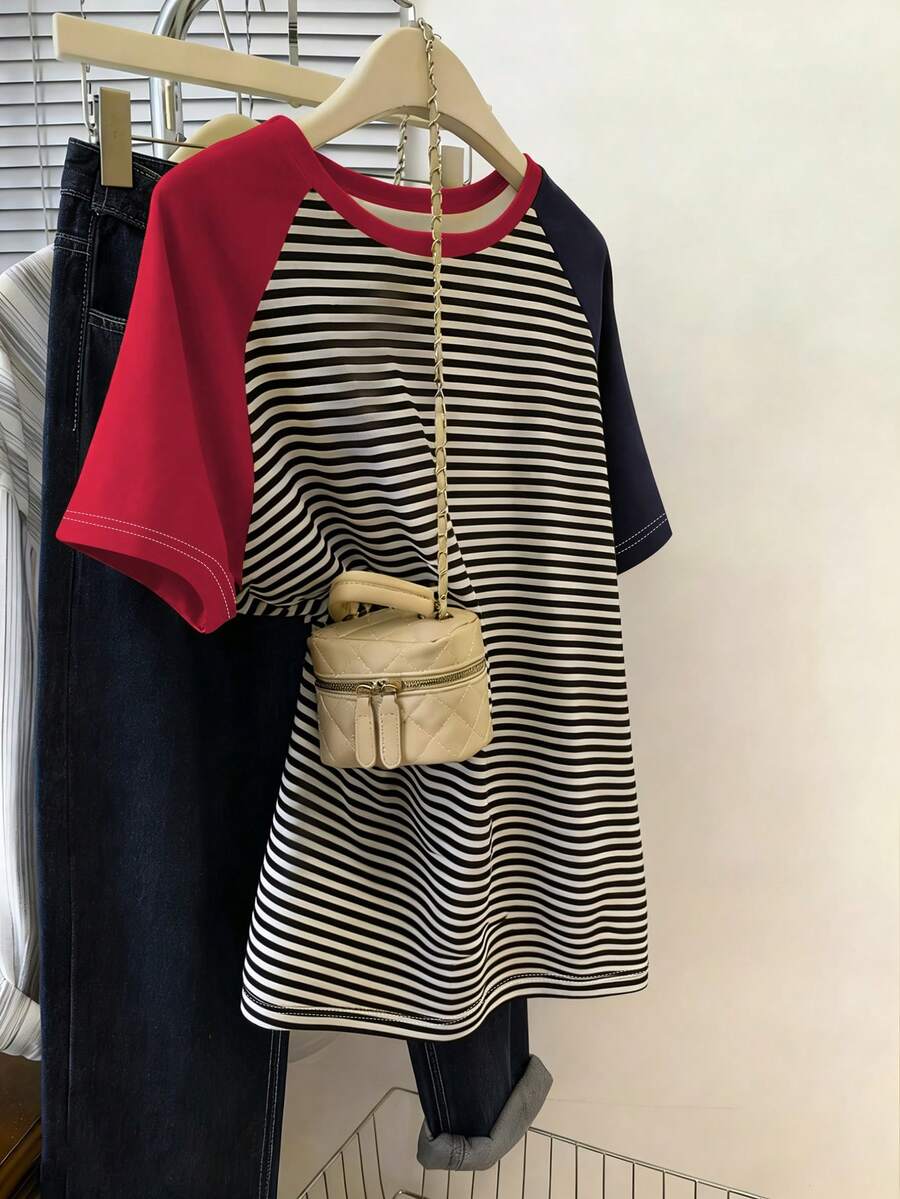 Resyla Women's Spring/Summer New Arrival Bestselling Striped Print Pattern Color Block Design Round Neck Short Sleeve T-Shirt - Multicolor - View 1
