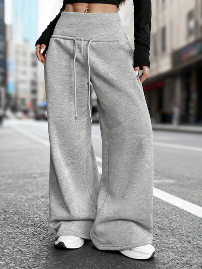 Pantalón de chándal gris suelto con cintura de cordón y forro polar, para invierno