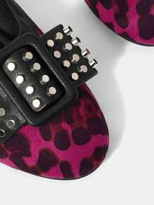 ROMWE Grunge Punk 玫瑰粉豹纹金属铆钉方扣平底单鞋女鞋，甜美酷炫辣妹风日常通勤浅口鞋 - 豹紋 - 查看 4