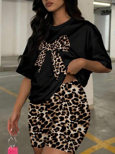 Slaydiva Plus Size Summer Casual Leopard Print Bow T-Shirt And Shorts 2 Piece Set