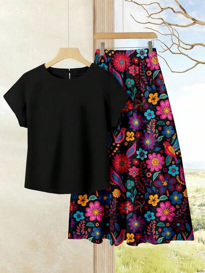 Rusticease 2pcs Women's Solid Color Top + Floral Print Vacation Casual Romantic Elegant Midi Skirt Set, Women's Summer Set, Summer Midi Skirt Set, Midi Skirt Top Set, Women's Midi Skirt Top Set, Printed Midi Skirt Set