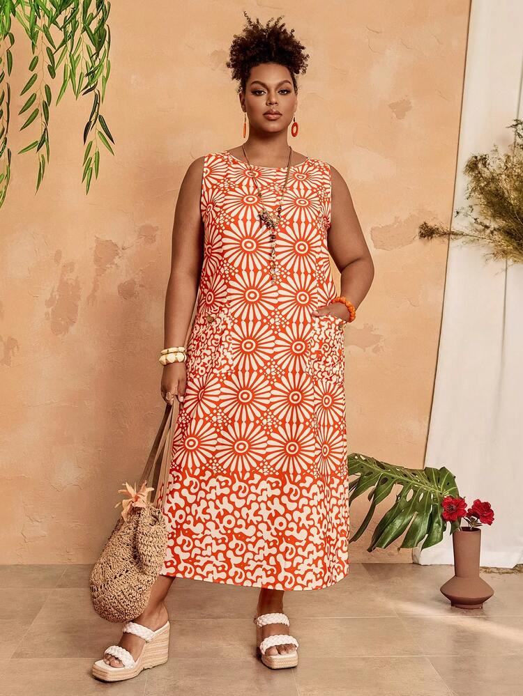 Vestido casual de talla grande con estampado de retazos sin mangas, vestidos de talla grande para mujeres, vestidos de verano de talla grande, ropa de resort de talla grande, vestido de verano, atuendos de verano, ropa de verano, vestido de primavera, atuendo de primavera, ropa de primavera para mujeres, vestido floral, vestidos florales para mujeres, atuendos de vacaciones en la playa para mujeres, vestido de vacaciones, bohemio