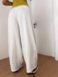 StreetHx Women's Street Casual Striped White Wide Leg Pants - White - View 2