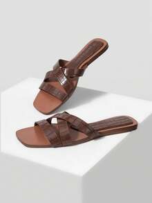 Mnmlis Women's Casual Fashion Commuter And Vacation Style Minimalist Open-Toe Cross-Flatbed Sandals Summer Shoes - Coffee - View 3