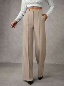 EURMUSE 女式纯色褶皱缝线西装裤 - 米色 - 查看 1