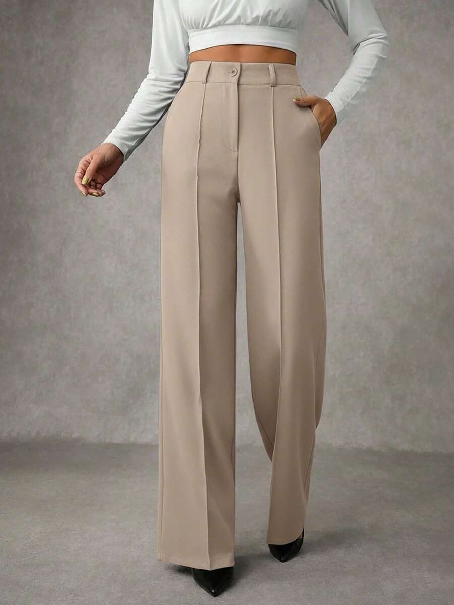 EURMUSE 女式纯色褶皱缝线西装裤 - 米色 - 查看 1