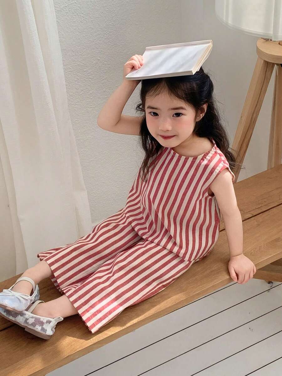 DAZY Conjunto de 2 piezas de camisa sin mangas de cuello redondo a rayas y pantalones, estilo coreano para bebés/niñas pequeñas - Rosa - Ver 1