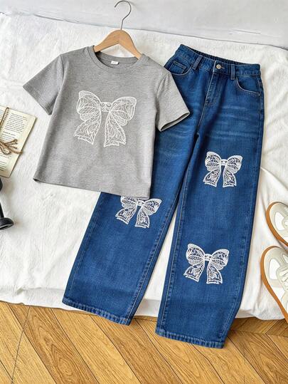 Sparklyn Girls Casual Cute Butterfly Print Short Sleeve T-Shirt Set, Summer Tops, Fashion Design Versatile Outfit Suitable For Vacation, Travel, Campus, Daily Wear