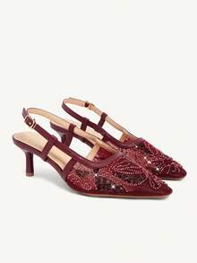 CUCCOO CHICEST New Burgundy Embroidered Mesh Beaded Square Toe Stiletto Heel Elegant Party Ankle Strap Pumps For Women Wedding Shoes Spring Shoes Bride Shoes - Burgundy - View 3
