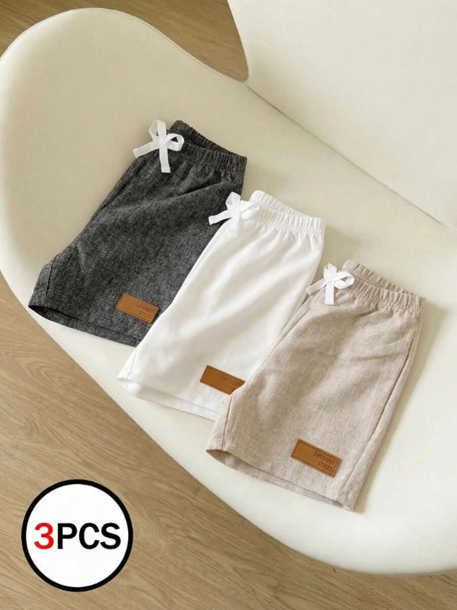 3件套男童休闲多色弹力腰编织短裤，饰有绅士皮革贴片，适合夏季户外活动、上学、日常穿着、休闲、度假和派对等多种场合。 - 彩色 - 查看 1