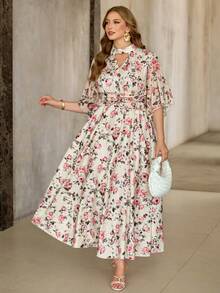 Roveilla Plus Size Pink Floral V-Neck Ruffle Sleeve Cinched Waist Maxi Dress,Elegant Summer French Style Wildflower Cottagecore Modest Easter Tea Party Outfit - Apricot - View 6