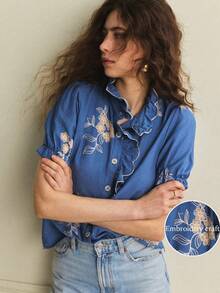 Écloséra Women's Elegant French Blue Floral Embroidered Shirt,Summer Tea Party Ruffle Commuting Fashion Craft Contrast Versatile Long-Sleeved Shirt - Blue - View 6