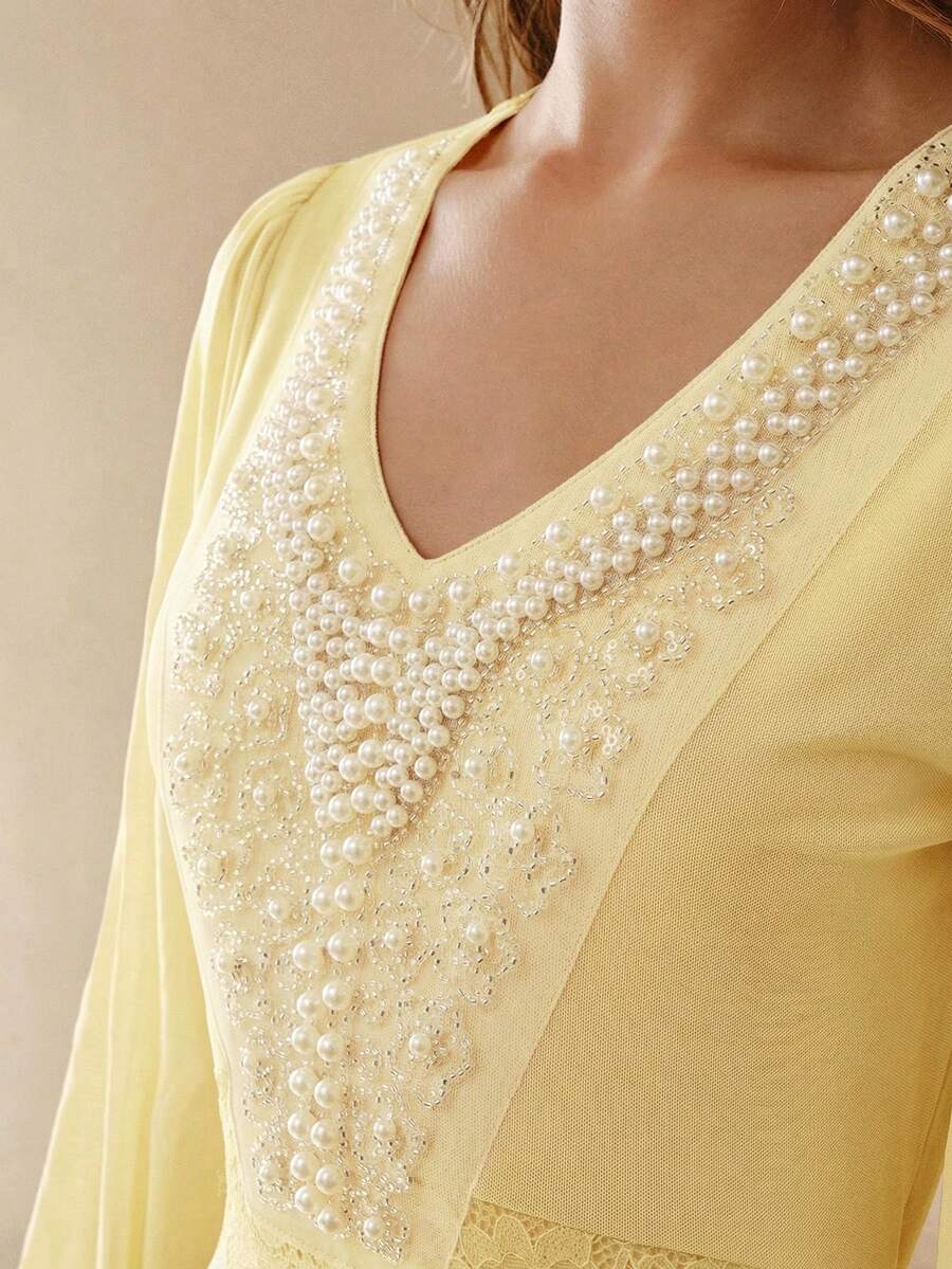 MOTF PREMIUM SPRING & SUMMER ELASTIC CONTRAST LACE & BEADED EMBELLISHED CINCHED WAIST LONG DRESS FOR WOMEN - Light Yellow - View 2
