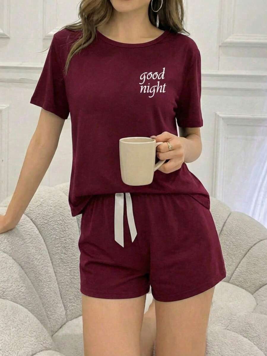 Conjunto De Pijama Con Pantalones Cortos Y Camiseta De Manga Corta Con Estampado De Slogan - Vino V - Ver 1