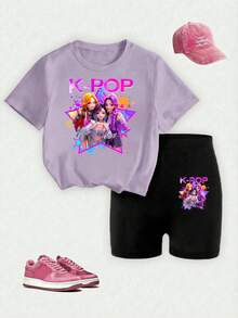 Young Girl Cartoon Print T-Shirt And Shorts Set - Multicolor - View 3