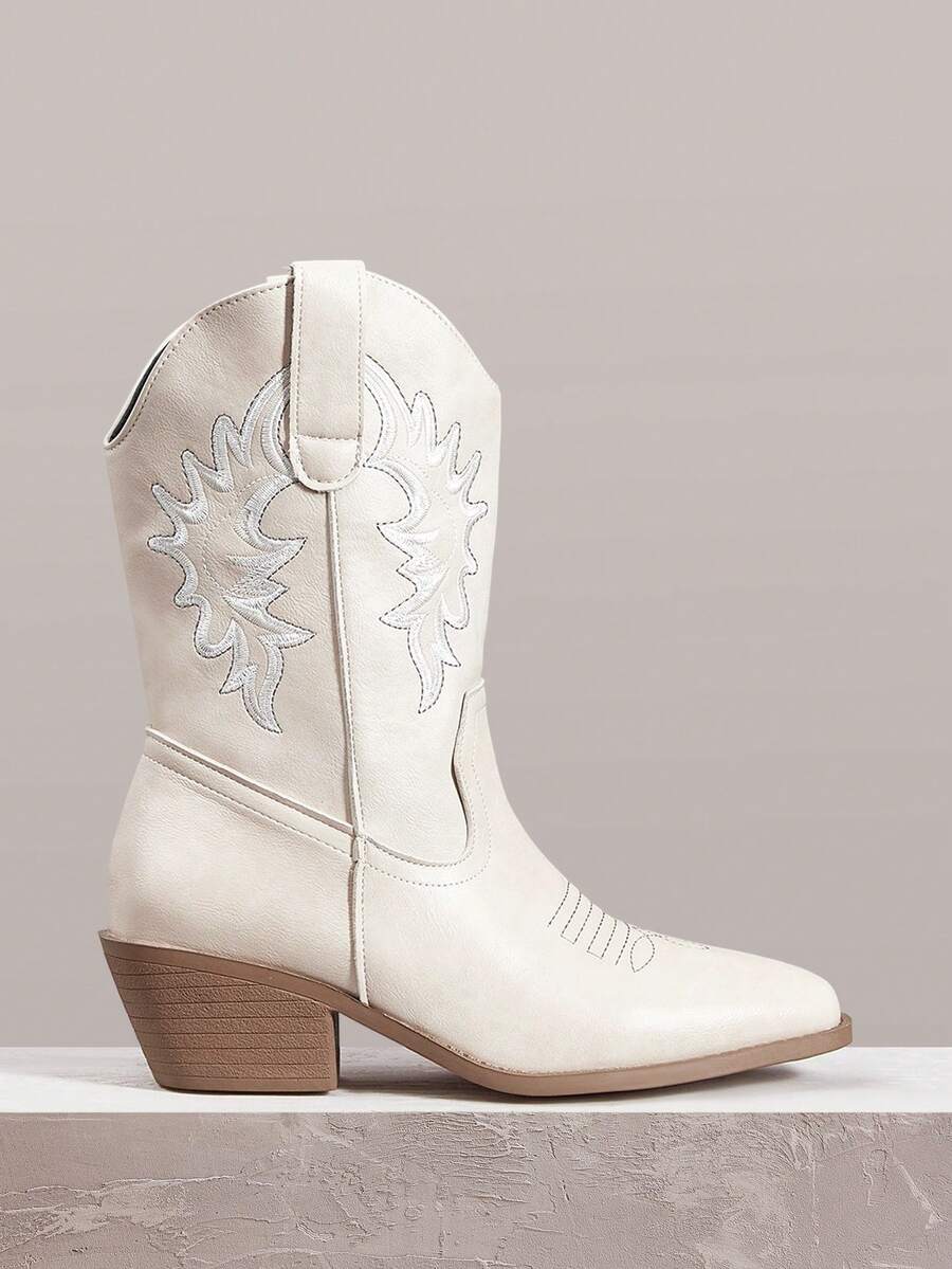 Styleloop 女士白色西部靴，尖头粗跟V型开口皮靴，低跟刺绣过膝靴和踝靴 - 杏色 - 查看 1