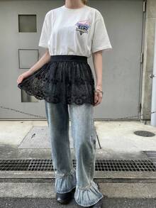 FRIFUL 女士高腰蕾丝时尚半身裙 - 黑色 - 查看 3