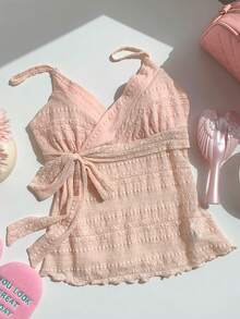 Comfortcana 2026 New Arrival Spring/Summer Pink Casual Women Front Knot Camisole Dress Top Summer Vacation Dress Beachy Dress Summer Cocktail Dress Vacation Outfits Women  Pink Top Y2K Tops Wrap Tie Top Summer Top Pink Spaghetti Strap Top Anthropologie Inspired Top - Pink - View 5