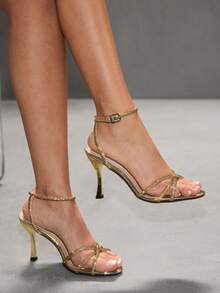 CUCCOO SZL 女士经典简约闪亮水钻细高跟凉鞋交叉绑带设计宴会派对舞蹈性感时尚晚宴通勤女鞋 - 金色 - 查看 8