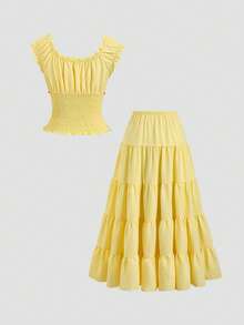 Sweetra Women's Casual Solid Color Top And Skirt 2 Pieces Set, Spring/Summer - Yellow - View 2