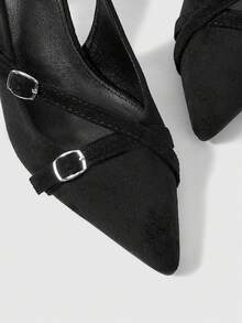 Sleekvia 女士尖头搭扣性感细高跟露跟派对通勤女式高跟鞋低鞋面春季鞋法兰绒 - 黑色絨布 - 查看 6