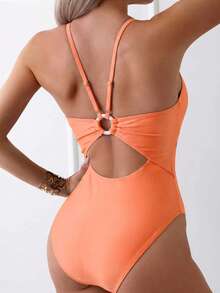 Swim Basics Women's Solid Color Spaghetti Strap One-Piece Swimsuit, Suitable For Beach Vacation - Orange - View 2
