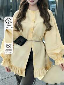 FRIFUL Women's Casual/Office Commute Solid Color Ruffle Sleeve Single-Breasted Shirt, Excluding Waist Bag - Yellow - View 5