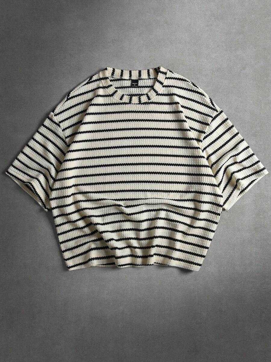 STYNVO 男士条纹圆领短袖休闲百搭T恤 - 杏色 - 查看 1