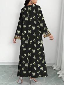 SHEIN Najma 莉莉碎花V领长袖连衣裙，波西米亚风印花长裙，优雅阿拉伯风情，春夏长裙，适合度假和日常穿着 - 彩色 - 查看 2