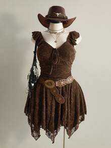 SHEIN ICON 大码不对称下摆蕾丝连衣裙，小喇叭袖，Y2K性感不对称下摆连衣裙，音乐节服装 - 棕色 - 查看 1